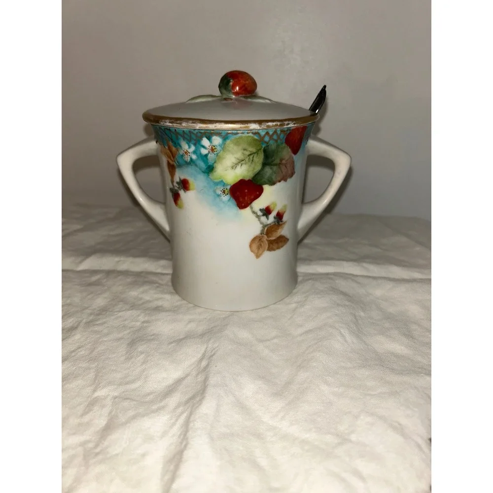 Vintage Hand Painted Strawberry Porcelain Jam Jar with Rogers Bros  With Spoon
